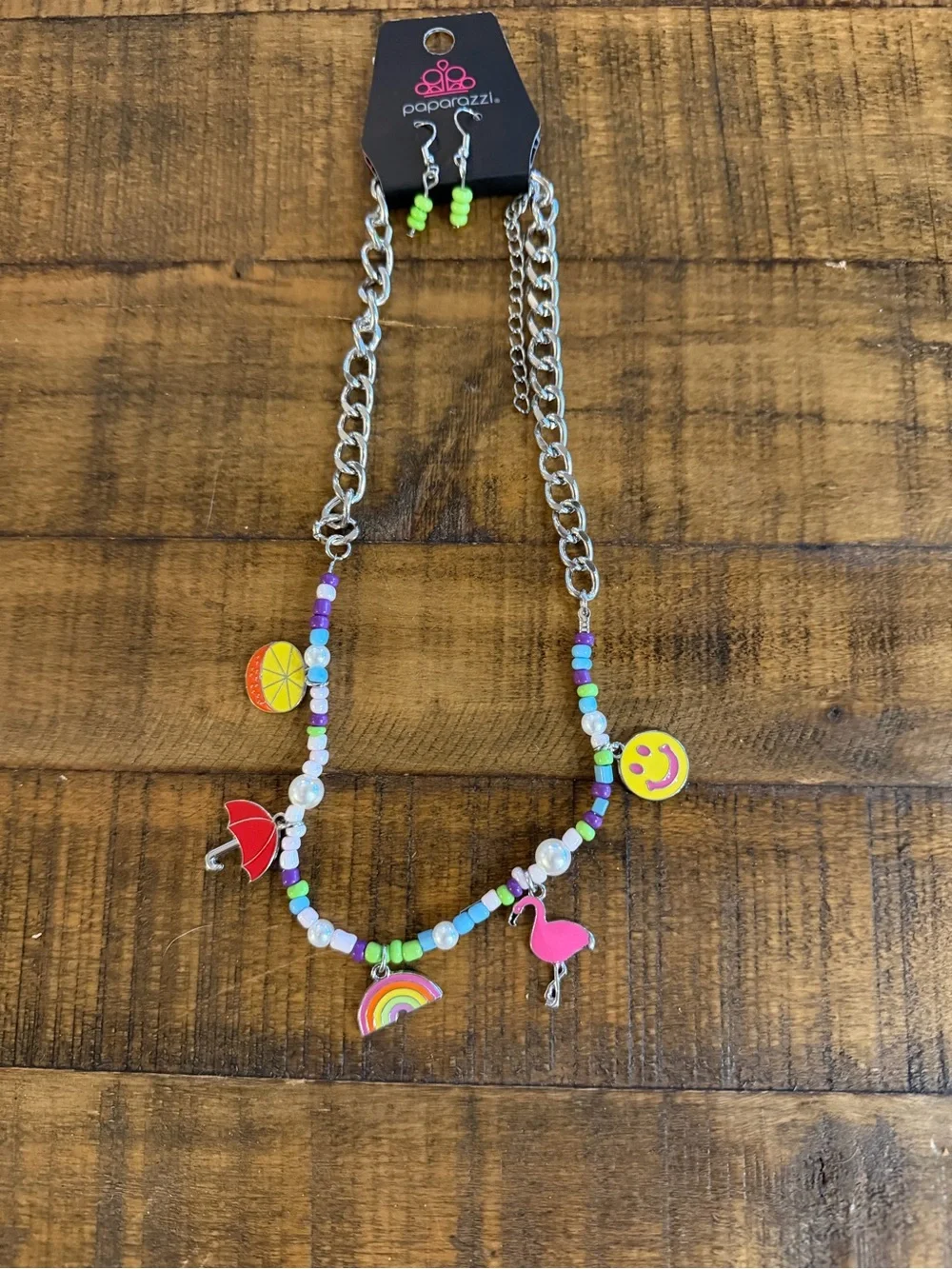 paparazzi Neon Charm Bead Necklace with Flamingo, Rainbow & Smiley